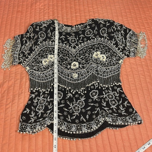 VTG Black Tie By He Ro Industries Sequin Beaded Floral 100% Silk Blouse Sz Small - Picture 8 of 16
